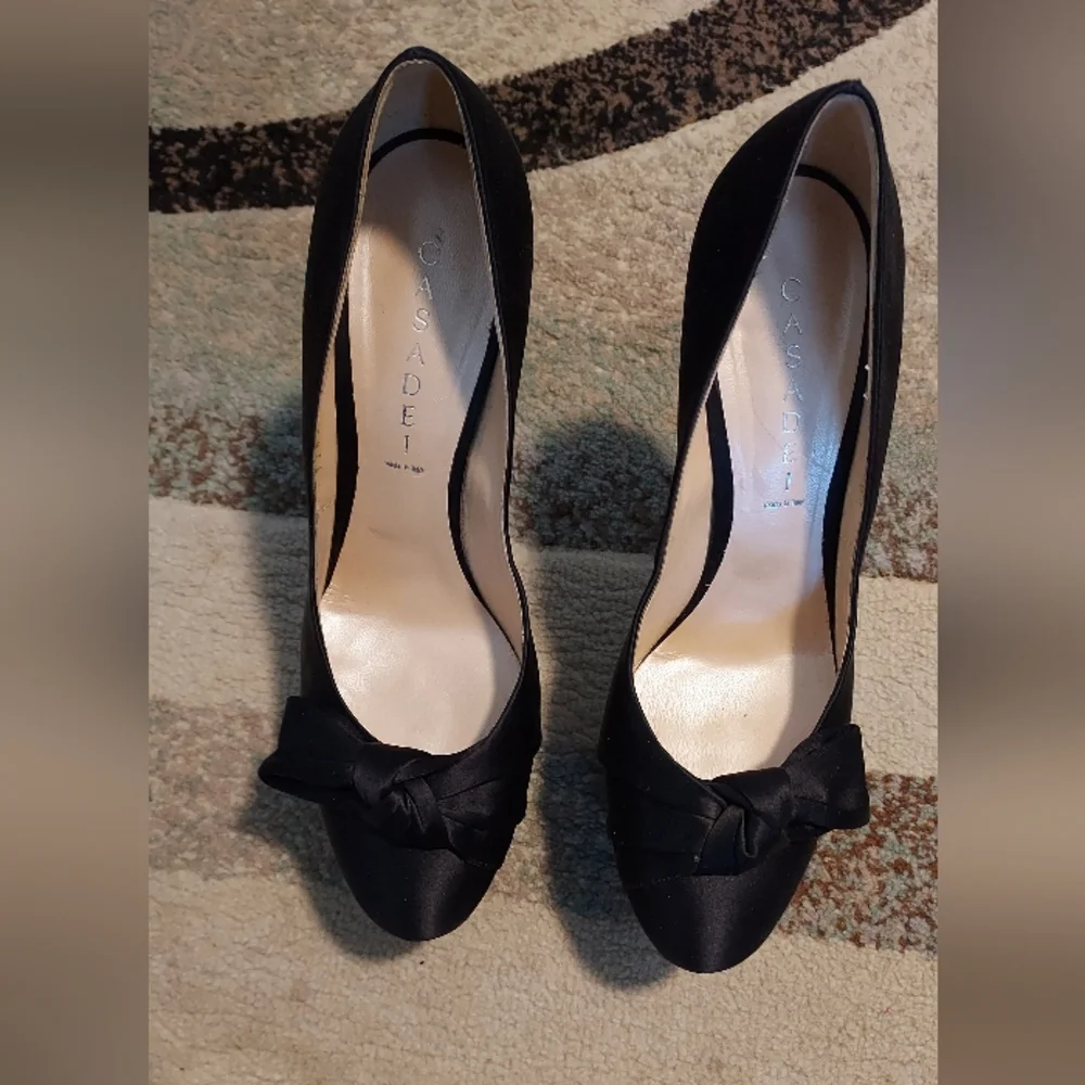 CASADEI Black Satin Platform High Heels With Bow Detailing Sz-10.5